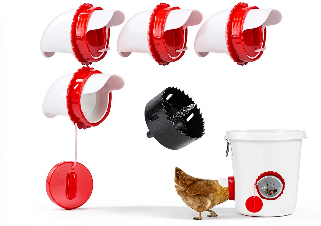Installing Longpo Chicken Feeder Port Kit Automatic Poultry Feeding on a wooden desk